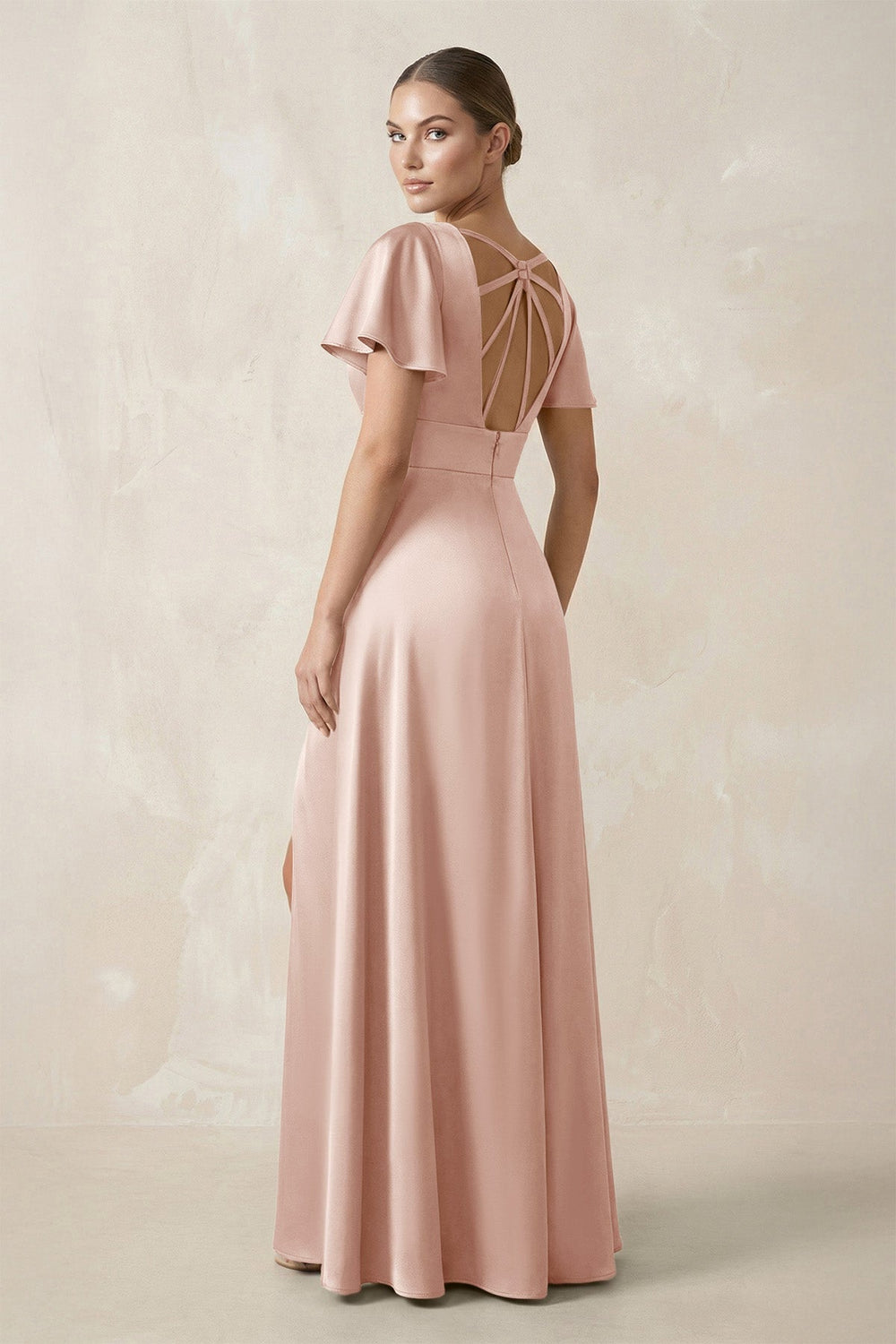 Short Sleeve V - Neck A - Line Satin Bridesmaid Dress With Slit in Pale Blush - KISS BRIDAL Bridesmaid Dresses