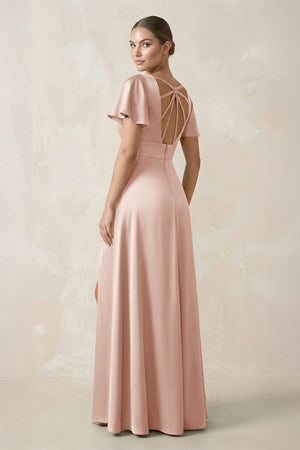Short Sleeve V - Neck A - Line Satin Bridesmaid Dress With Slit in Pale Blush - SHE IS ME Bridesmaid Dresses