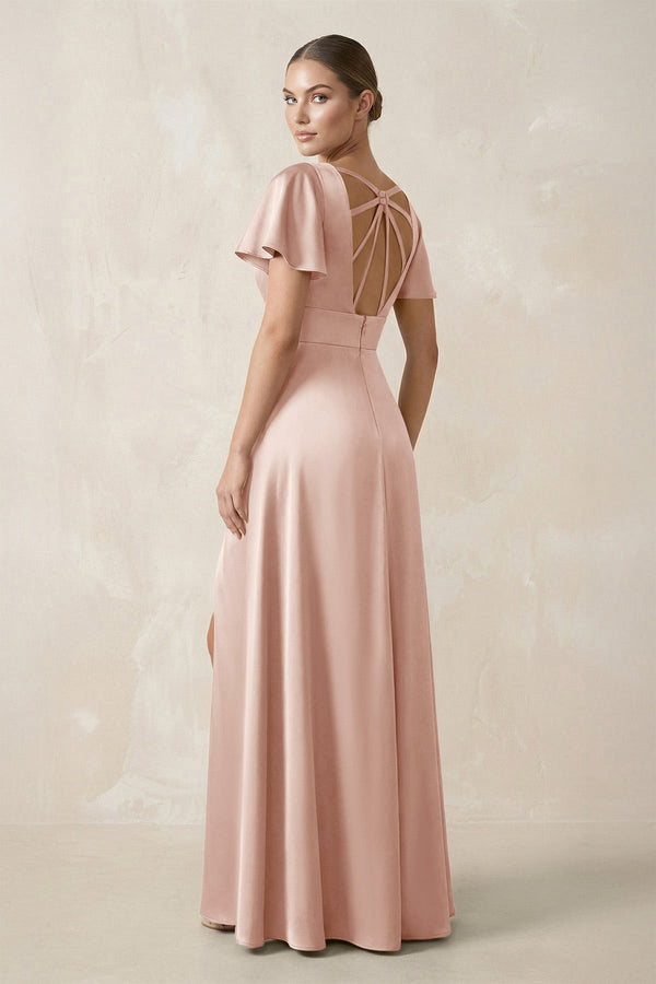 Short Sleeve V - Neck A - Line Satin Bridesmaid Dress With Slit in Pale Blush - SHE IS ME Bridesmaid Dresses