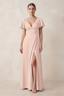 Short Sleeve V-Neck A-Line Satin Bridesmaid Dress With Slit in Pale Blush | KISSBRIDAL