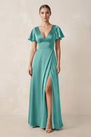 Short Sleeve V - Neck A - Line Satin Bridesmaid Dress With Slit in Pale Pistachio - KISS BRIDAL Bridesmaid Dresses