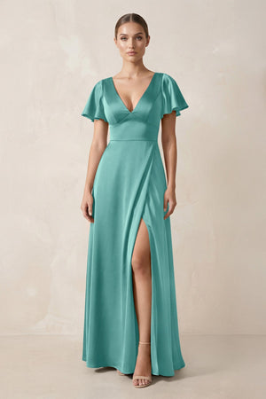 Short Sleeve V - Neck A - Line Satin Bridesmaid Dress With Slit in Pale Pistachio - KISS BRIDAL Bridesmaid Dresses