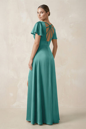 Short Sleeve V - Neck A - Line Satin Bridesmaid Dress With Slit in Pale Pistachio - KISS BRIDAL Bridesmaid Dresses