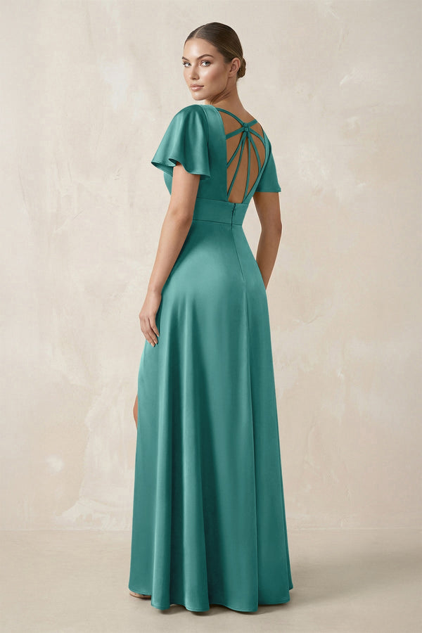 Short Sleeve V - Neck A - Line Satin Bridesmaid Dress With Slit in Pale Pistachio - KISS BRIDAL Bridesmaid Dresses