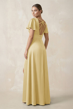 Short Sleeve V - Neck A - Line Satin Bridesmaid Dress With Slit in Pastel Yellow - KISS BRIDAL Bridesmaid Dresses