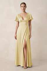 Short Sleeve V - Neck A - Line Satin Bridesmaid Dress With Slit in Pastel Yellow - KISS BRIDAL Bridesmaid Dresses