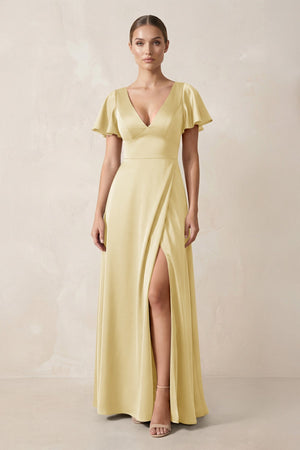 Short Sleeve V - Neck A - Line Satin Bridesmaid Dress With Slit in Pastel Yellow - KISS BRIDAL Bridesmaid Dresses