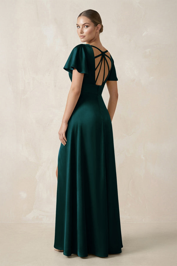 Short Sleeve V - Neck A - Line Satin Bridesmaid Dress With Slit in Pine - KISS BRIDAL Bridesmaid Dresses