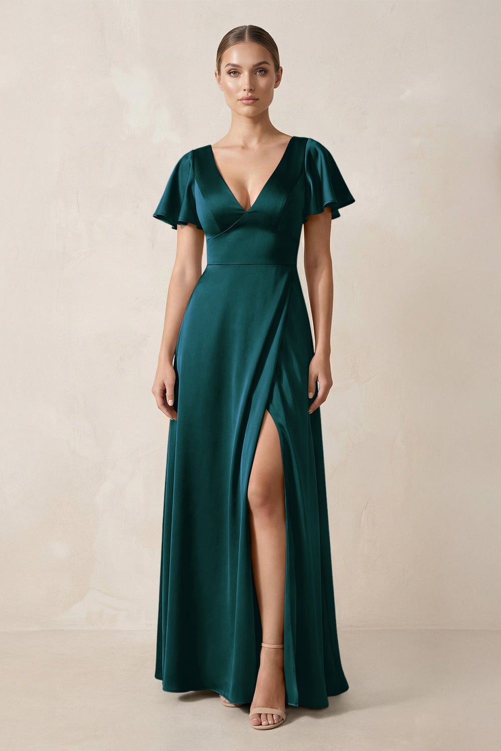 Short Sleeve V - Neck A - Line Satin Bridesmaid Dress With Slit in Pine - KISS BRIDAL Bridesmaid Dresses
