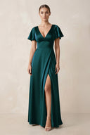 Short Sleeve V - Neck A - Line Satin Bridesmaid Dress With Slit in Pine - KISS BRIDAL Bridesmaid Dresses
