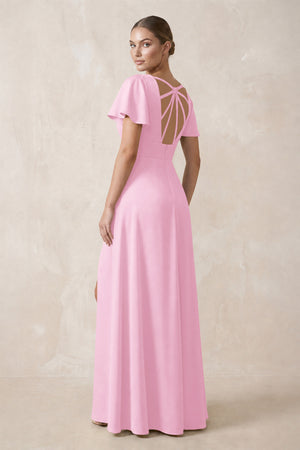 Short Sleeve V-Neck A-Line Satin Bridesmaid Dress With Slit in Pink (2) | KISSBRIDAL