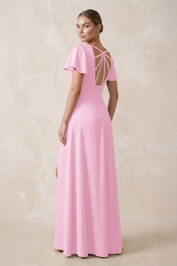 Short Sleeve V-Neck A-Line Satin Bridesmaid Dress With Slit in Pink (2) | KISSBRIDAL