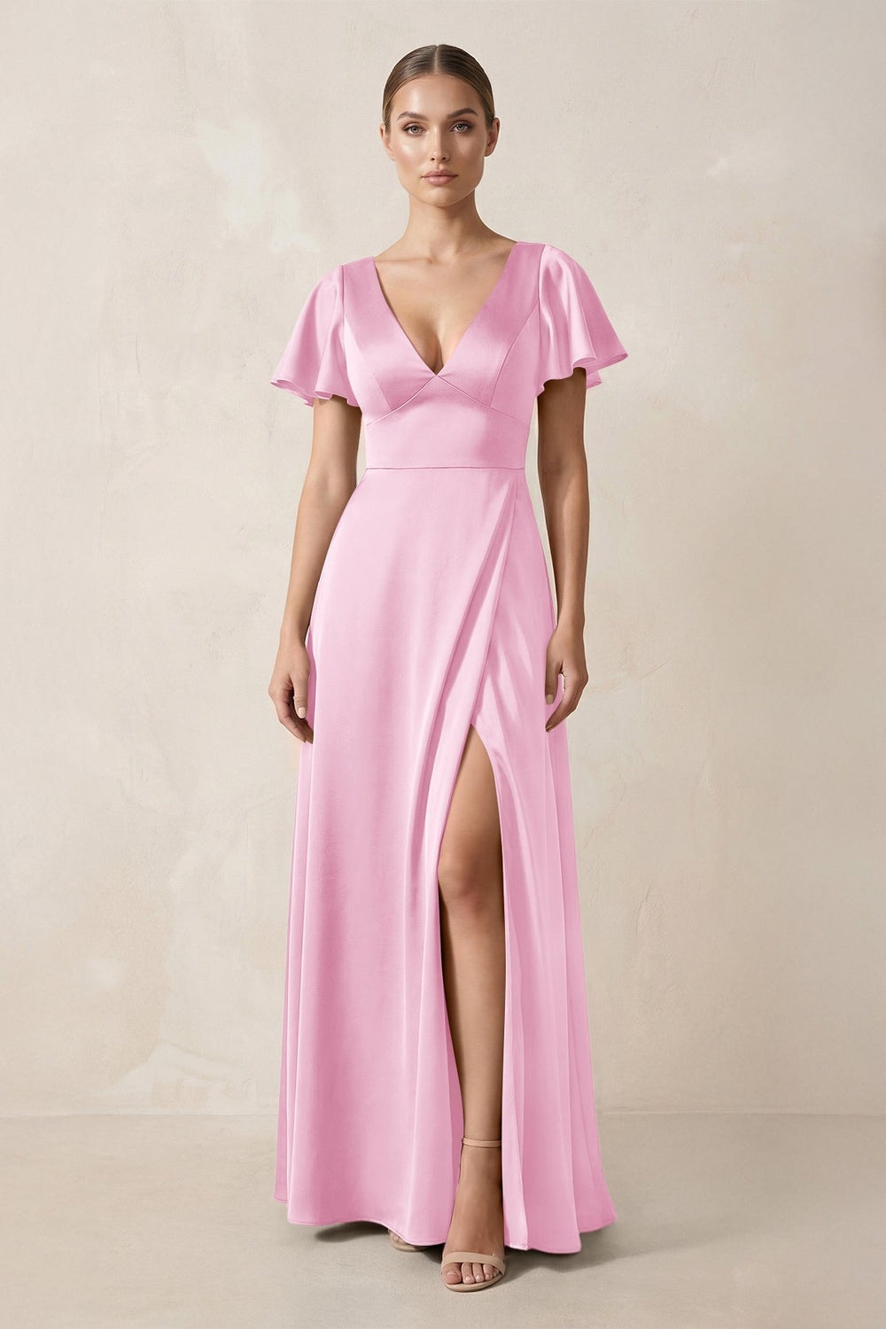 Short Sleeve V - Neck A - Line Satin Bridesmaid Dress With Slit in Pink - SHE IS ME Bridesmaid Dresses