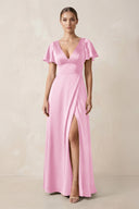 Short Sleeve V - Neck A - Line Satin Bridesmaid Dress With Slit in Pink - SHE IS ME Bridesmaid Dresses