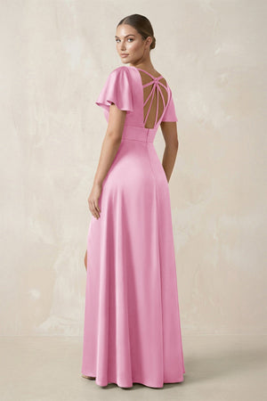 Short Sleeve V - Neck A - Line Satin Bridesmaid Dress With Slit in Pink - SHE IS ME Bridesmaid Dresses