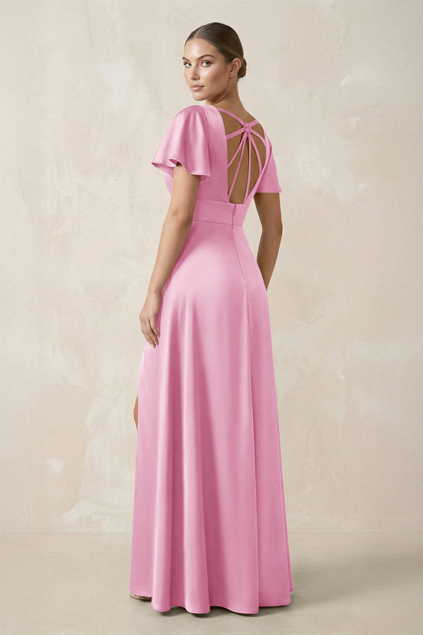 Short Sleeve V - Neck A - Line Satin Bridesmaid Dress With Slit in Pink - SHE IS ME Bridesmaid Dresses