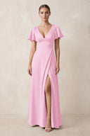 Short Sleeve V-Neck A-Line Satin Bridesmaid Dress With Slit in Pink | KISSBRIDAL