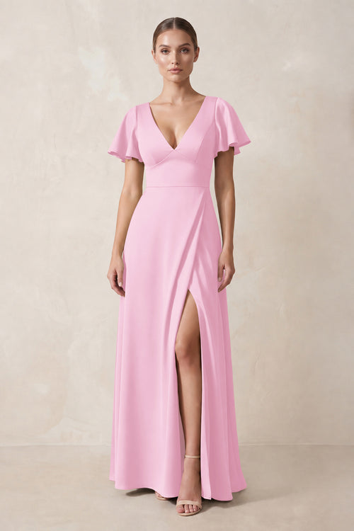 Short Sleeve V-Neck A-Line Satin Bridesmaid Dress With Slit in Pink | KISSBRIDAL