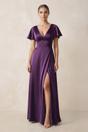 Short Sleeve V - Neck A - Line Satin Bridesmaid Dress With Slit in Plum - SHE IS ME Bridesmaid Dresses