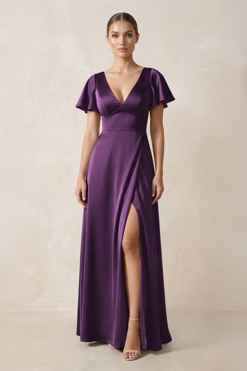Short Sleeve V - Neck A - Line Satin Bridesmaid Dress With Slit in Plum - SHE IS ME Bridesmaid Dresses