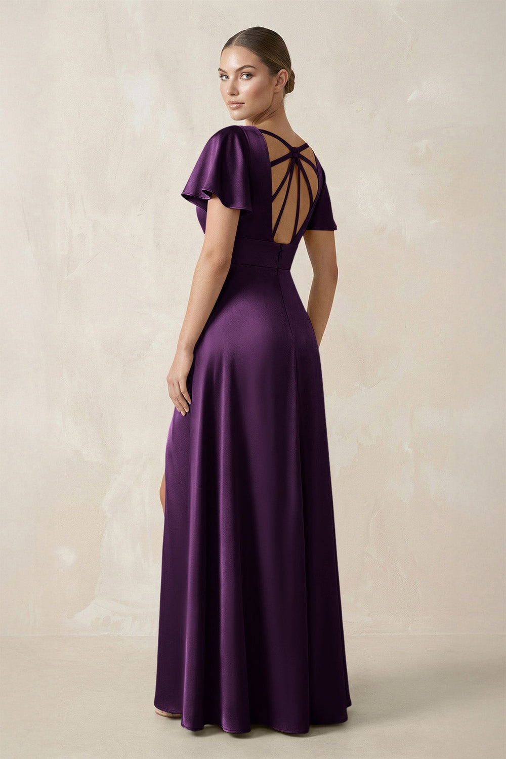Short Sleeve V - Neck A - Line Satin Bridesmaid Dress With Slit in Plum - KISS BRIDAL Bridesmaid Dresses