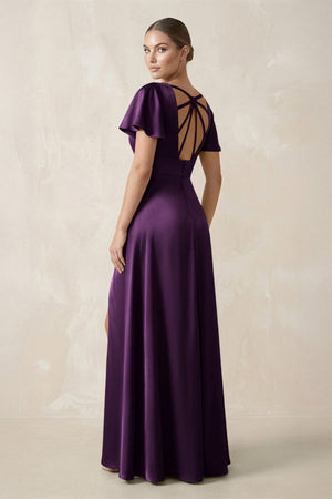 Short Sleeve V - Neck A - Line Satin Bridesmaid Dress With Slit in Plum - SHE IS ME Bridesmaid Dresses