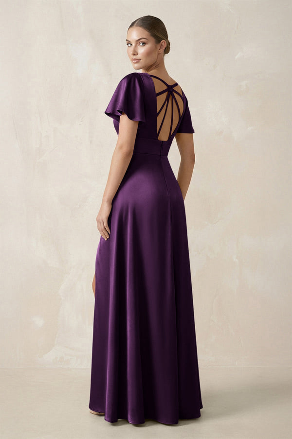 Short Sleeve V - Neck A - Line Satin Bridesmaid Dress With Slit in Plum - SHE IS ME Bridesmaid Dresses
