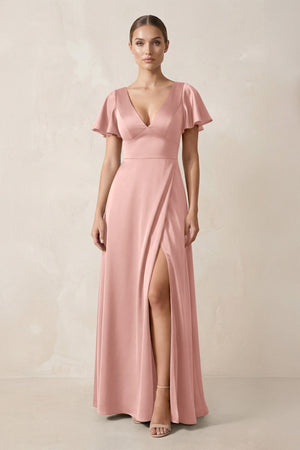 Short Sleeve V - Neck A - Line Satin Bridesmaid Dress With Slit in Rose Petal - KISS BRIDAL Bridesmaid Dresses