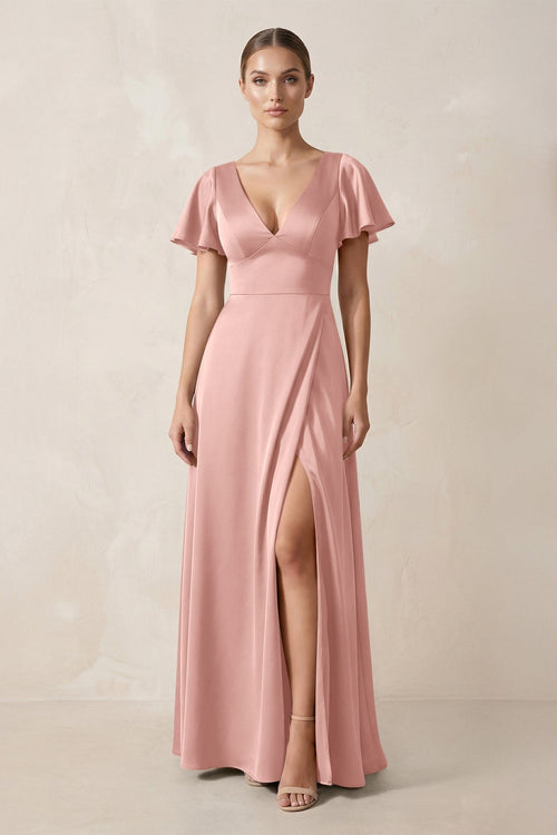 Short Sleeve V - Neck A - Line Satin Bridesmaid Dress With Slit in Rose Petal - KISS BRIDAL Bridesmaid Dresses