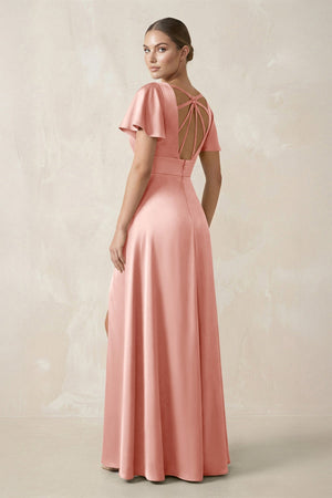 Short Sleeve V - Neck A - Line Satin Bridesmaid Dress With Slit in Rose Petal - KISS BRIDAL Bridesmaid Dresses