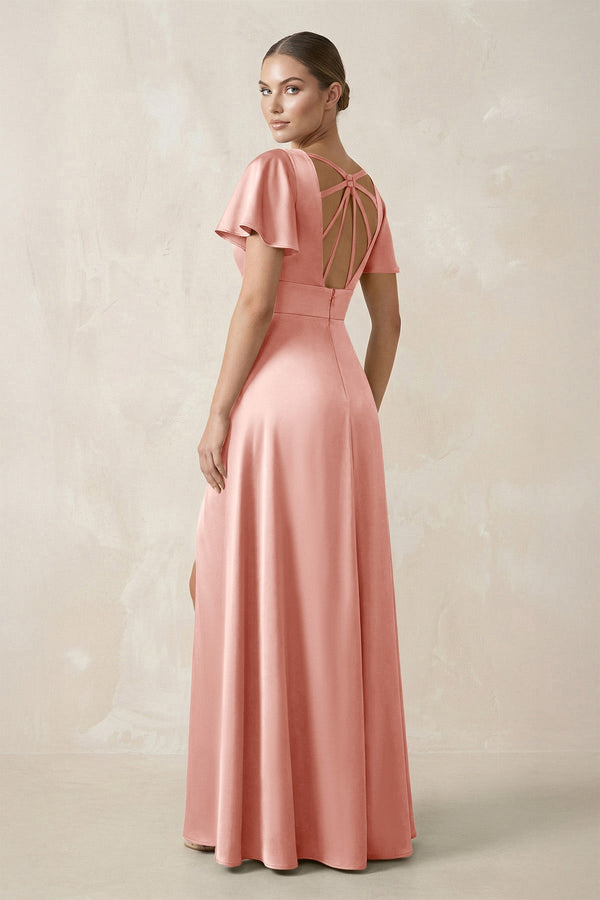 Short Sleeve V - Neck A - Line Satin Bridesmaid Dress With Slit in Rose Petal - KISS BRIDAL Bridesmaid Dresses