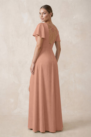 Short Sleeve V-Neck A-Line Satin Bridesmaid Dress With Slit in Rosette (2) | KISSBRIDAL