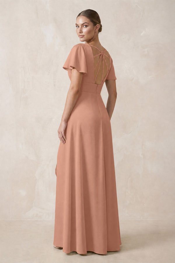 Short Sleeve V-Neck A-Line Satin Bridesmaid Dress With Slit in Rosette (2) | KISSBRIDAL