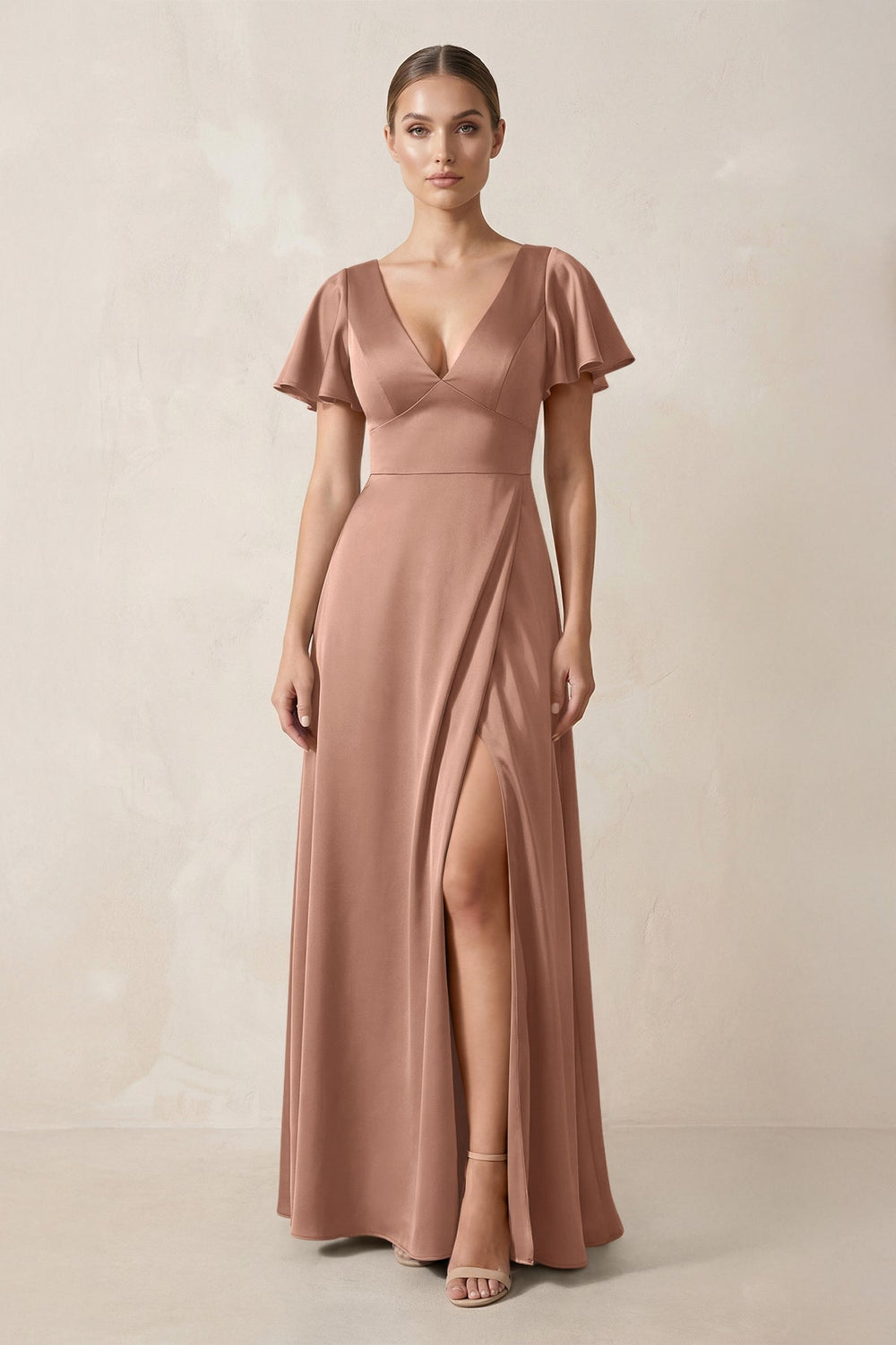 Short Sleeve V - Neck A - Line Satin Bridesmaid Dress With Slit in Rosette - KISS BRIDAL Bridesmaid Dresses