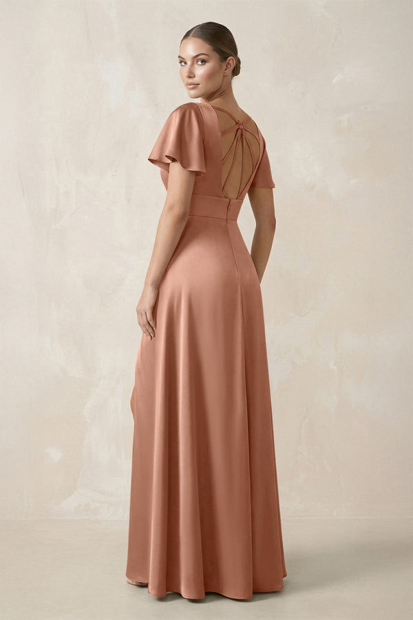 Short Sleeve V - Neck A - Line Satin Bridesmaid Dress With Slit in Rosette - KISS BRIDAL Bridesmaid Dresses