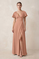 Short Sleeve V-Neck A-Line Satin Bridesmaid Dress With Slit in Rosette | KISSBRIDAL