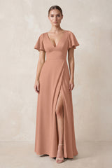 Short Sleeve V-Neck A-Line Satin Bridesmaid Dress With Slit in Rosette | KISSBRIDAL