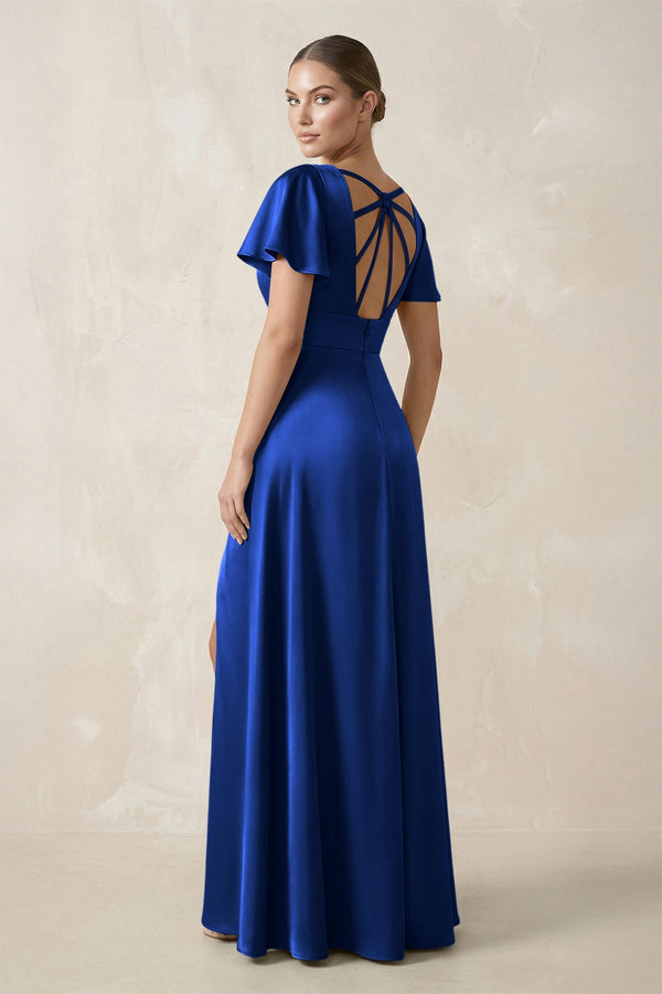 Short Sleeve V - Neck A - Line Satin Bridesmaid Dress With Slit in Royal Blue - SHE IS ME Bridesmaid Dresses