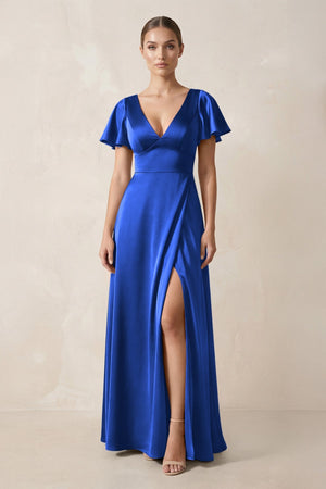 Short Sleeve V - Neck A - Line Satin Bridesmaid Dress With Slit in Royal Blue - SHE IS ME Bridesmaid Dresses