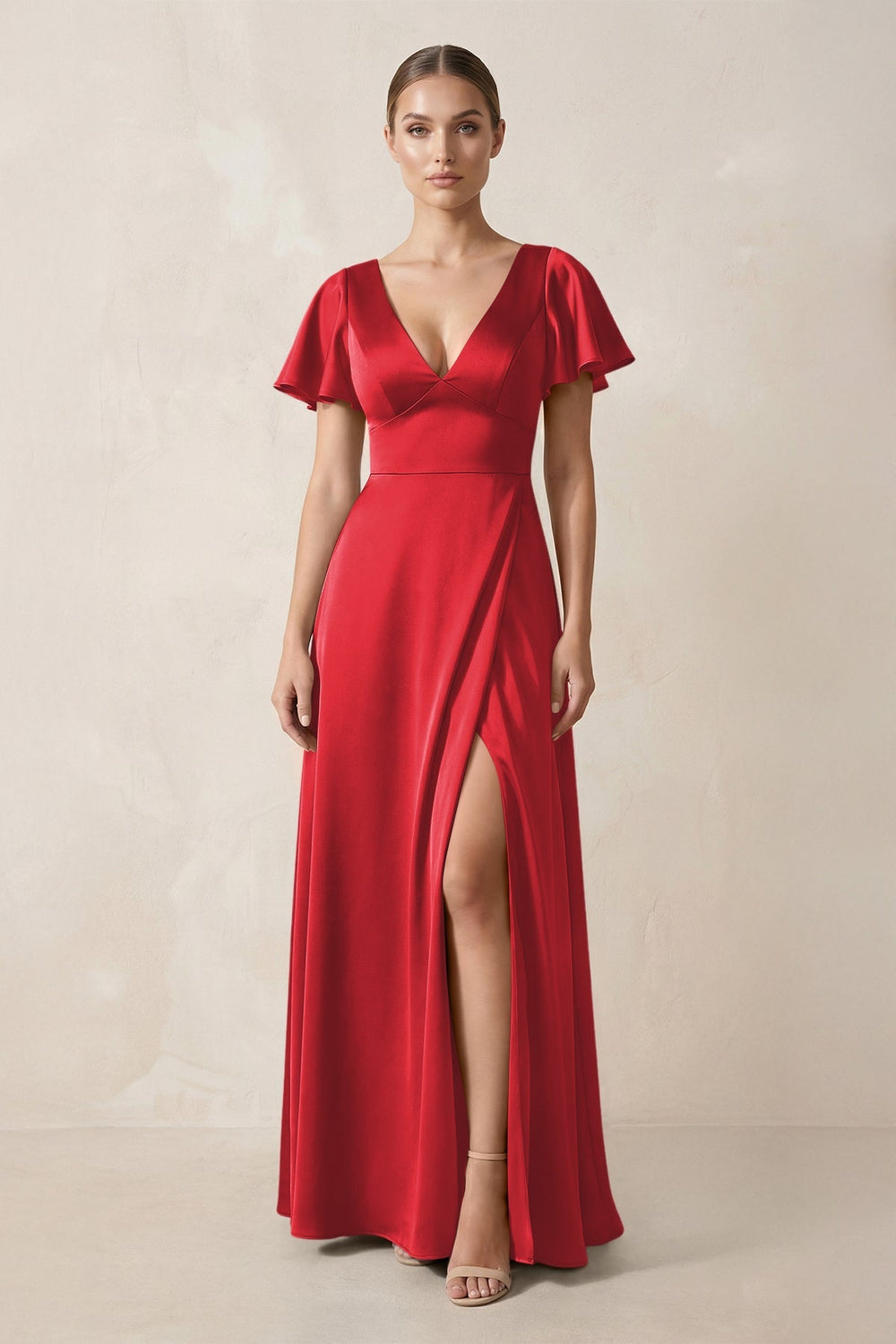 Short Sleeve V - Neck A - Line Satin Bridesmaid Dress With Slit in Ruby Red - KISS BRIDAL Bridesmaid Dresses