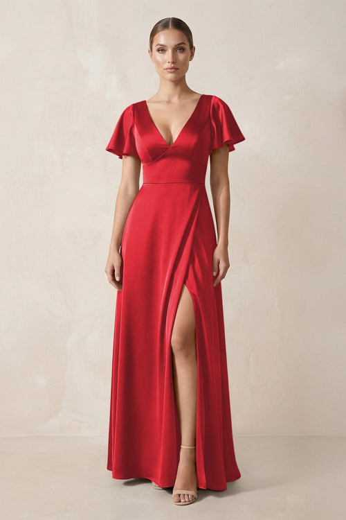 Short Sleeve V - Neck A - Line Satin Bridesmaid Dress With Slit in Ruby Red - SHE IS ME Bridesmaid Dresses