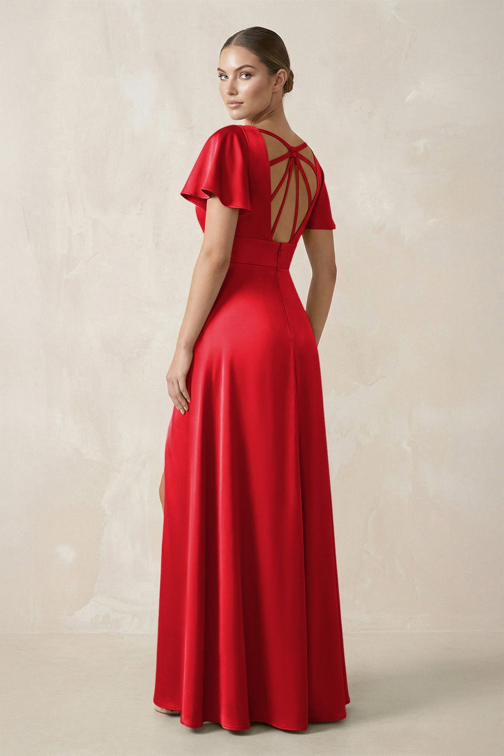 Short Sleeve V - Neck A - Line Satin Bridesmaid Dress With Slit in Ruby Red - KISS BRIDAL Bridesmaid Dresses