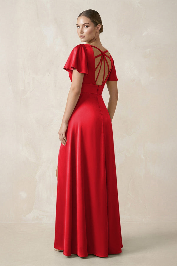 Short Sleeve V - Neck A - Line Satin Bridesmaid Dress With Slit in Ruby Red - SHE IS ME Bridesmaid Dresses
