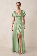Short Sleeve V - Neck A - Line Satin Bridesmaid Dress With Slit in Sage - KISS BRIDAL Bridesmaid Dresses