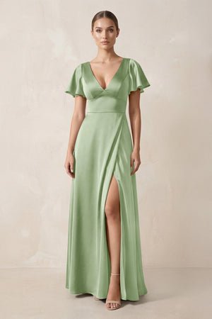 Short Sleeve V - Neck A - Line Satin Bridesmaid Dress With Slit in Sage - KISS BRIDAL Bridesmaid Dresses