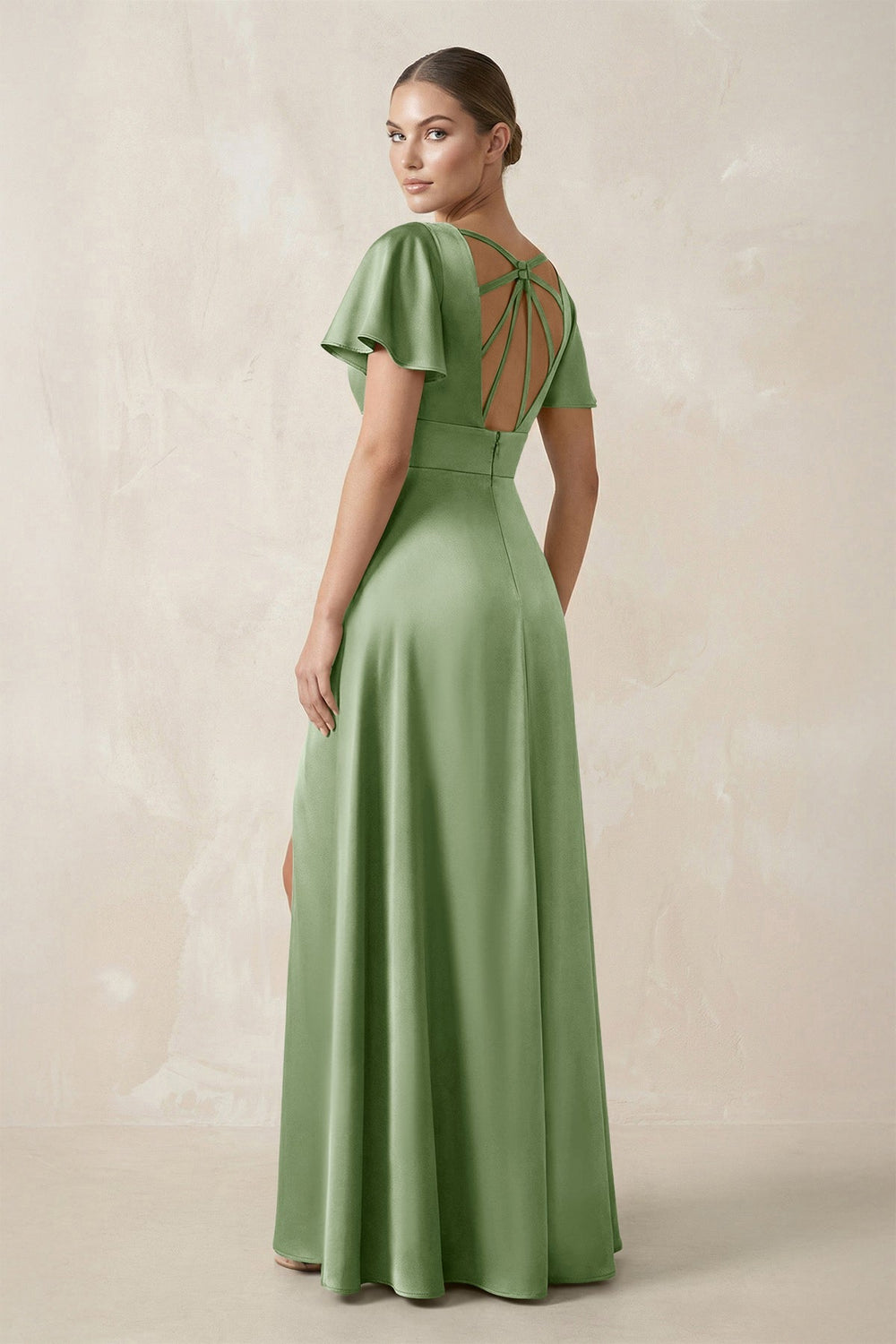 Short Sleeve V - Neck A - Line Satin Bridesmaid Dress With Slit in Sage - KISS BRIDAL Bridesmaid Dresses