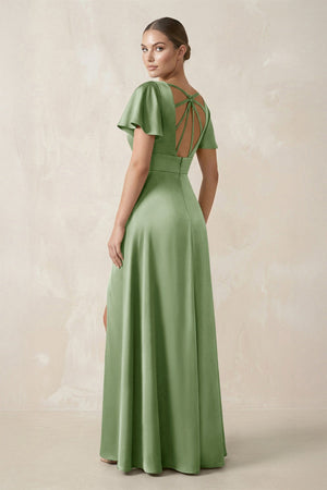 Short Sleeve V - Neck A - Line Satin Bridesmaid Dress With Slit in Sage - KISS BRIDAL Bridesmaid Dresses