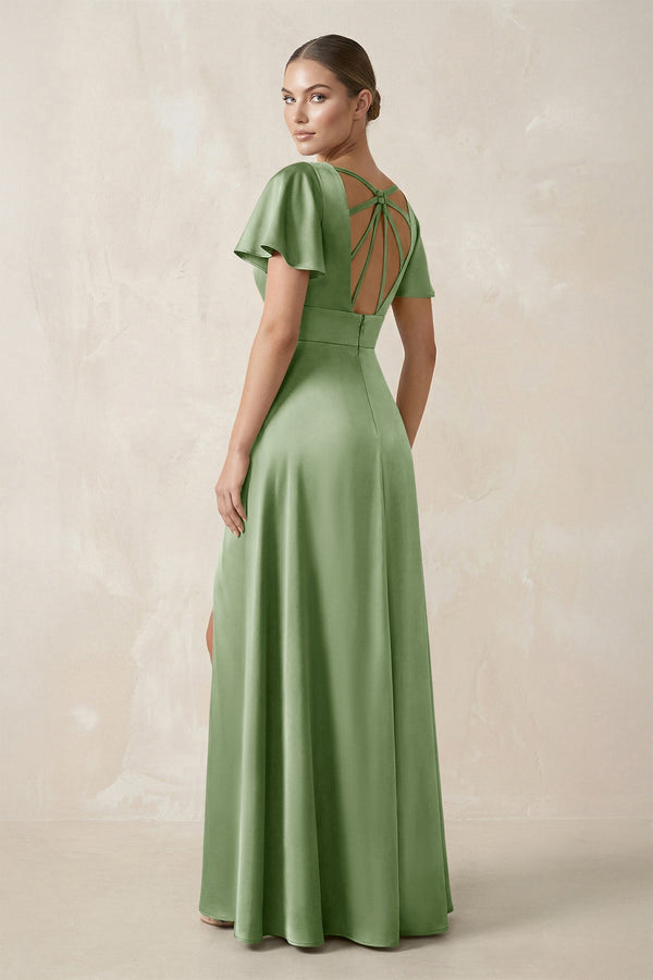 Short Sleeve V - Neck A - Line Satin Bridesmaid Dress With Slit in Sage - KISS BRIDAL Bridesmaid Dresses