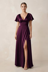 Short Sleeve V - Neck A - Line Satin Bridesmaid Dress With Slit in Sangria - KISS BRIDAL Bridesmaid Dresses