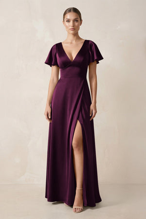 Short Sleeve V - Neck A - Line Satin Bridesmaid Dress With Slit in Sangria - SHE IS ME Bridesmaid Dresses